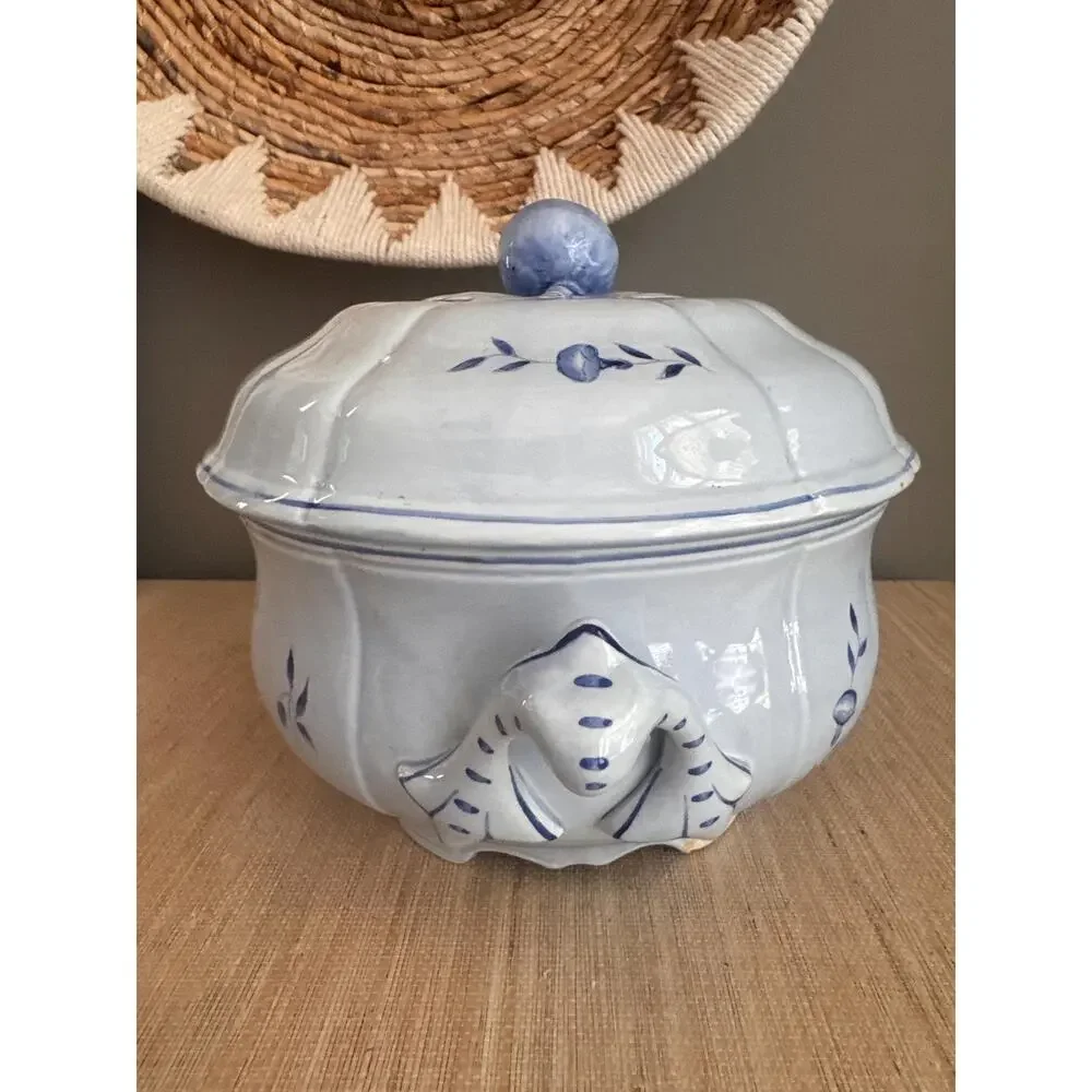 Vintage French Country Longchamp Tureen – Tulip Blue Faience Serving Bowl